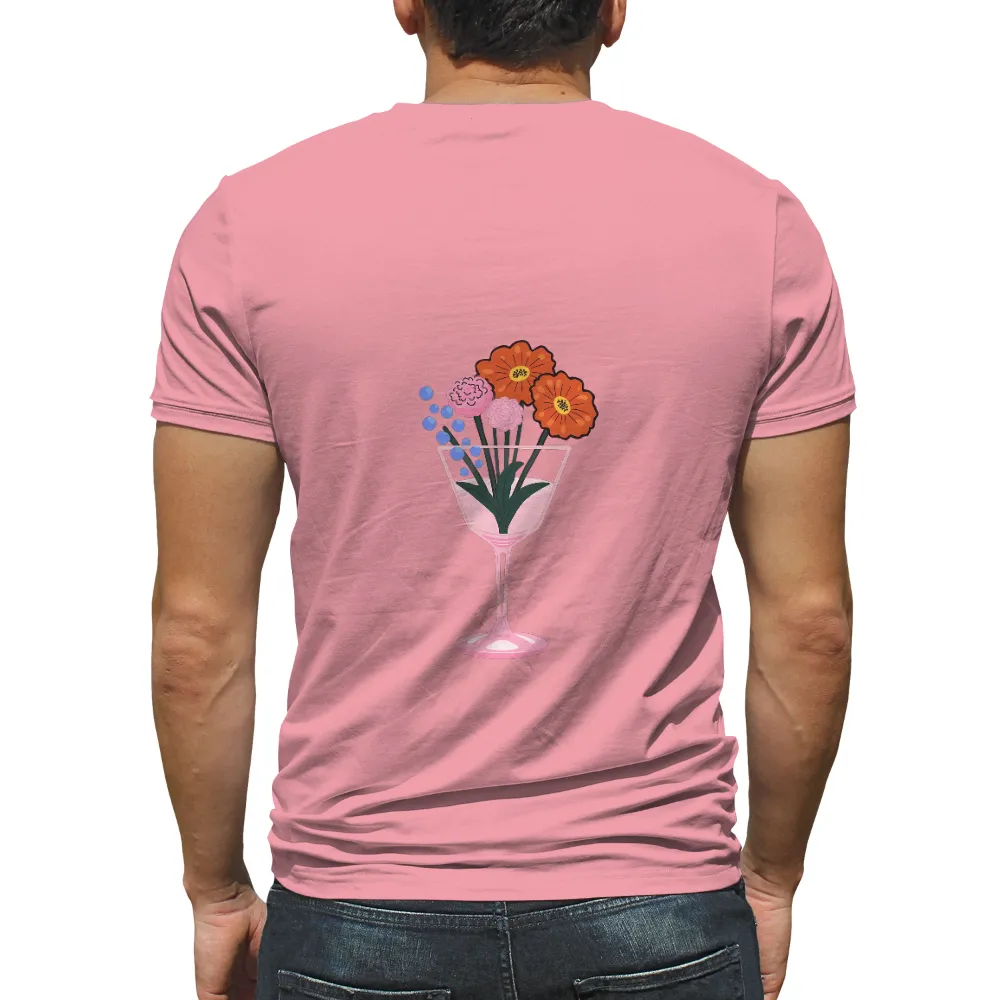 T-Shirts Design: Elegant Floral Arrangement in a Pink Glass Vase| serene garden scene