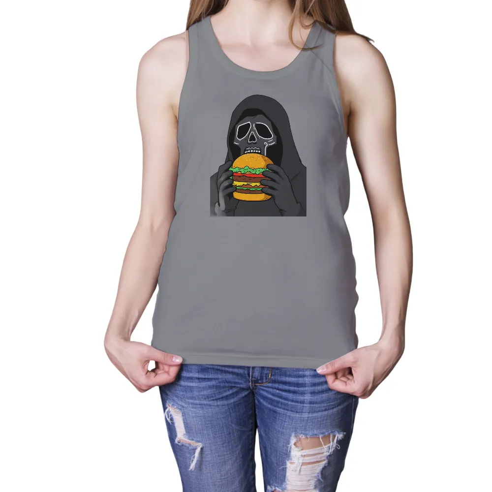 Tee Shirts Printed: Grim Reaper Burger Feast|women's junk food nfl tees