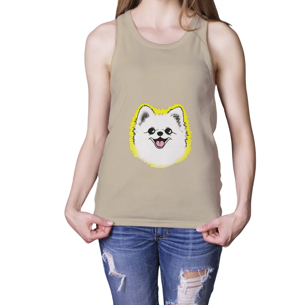 Tee Shirts Printed: Luna's Glowing Aura - Cheerful Pomeranian Design|cyanide and happiness shirt