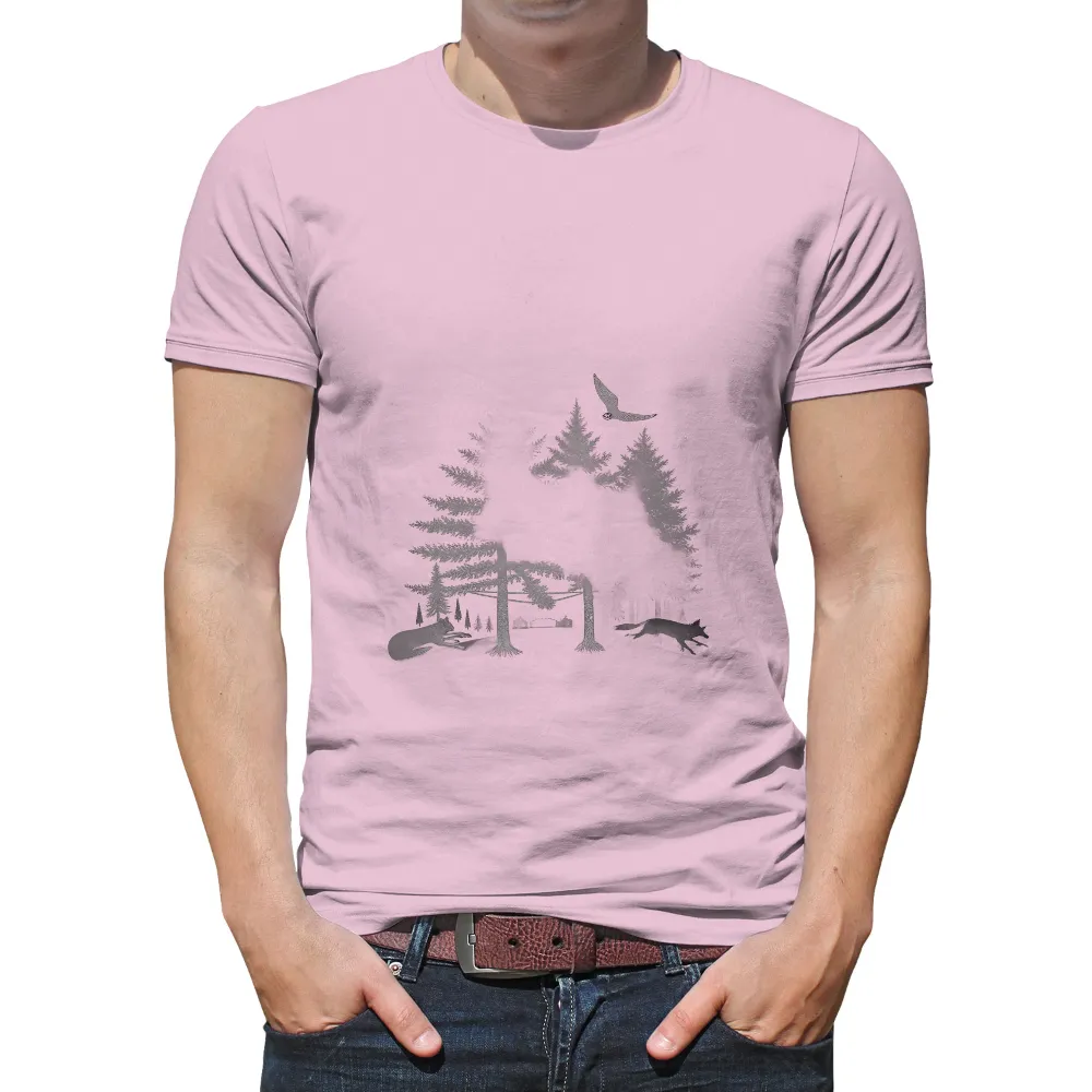 Tee Shirts Printed: Forest Harmony | Wolves, Cabin & Owl| Two wolves in the forest