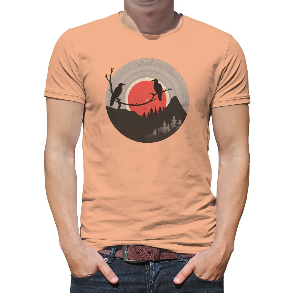 Custom T-Shirt Printing: Ravens and Red Sun - Artistic Design| small blue dot