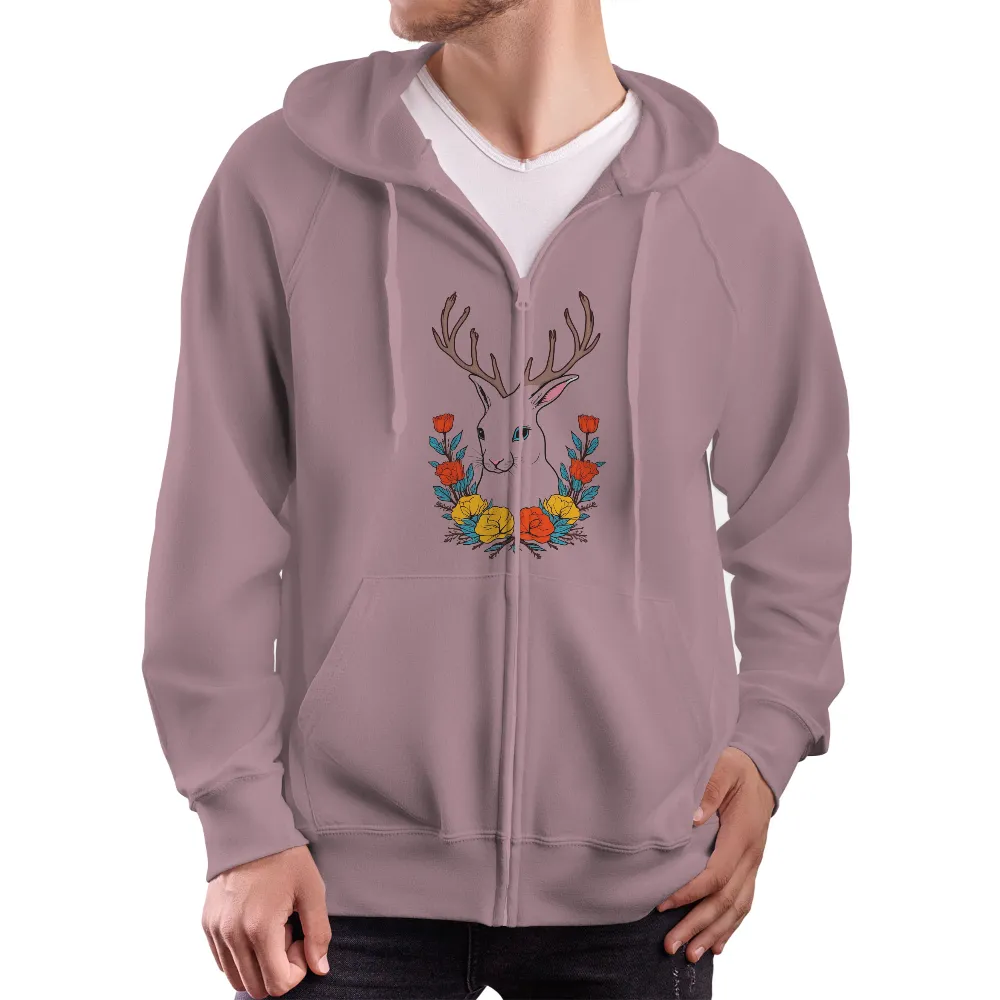 Customized Tee Shirts: Whimsical Rabbit with Antlers and Vibrant Flowers|rare rabbit knit shirt