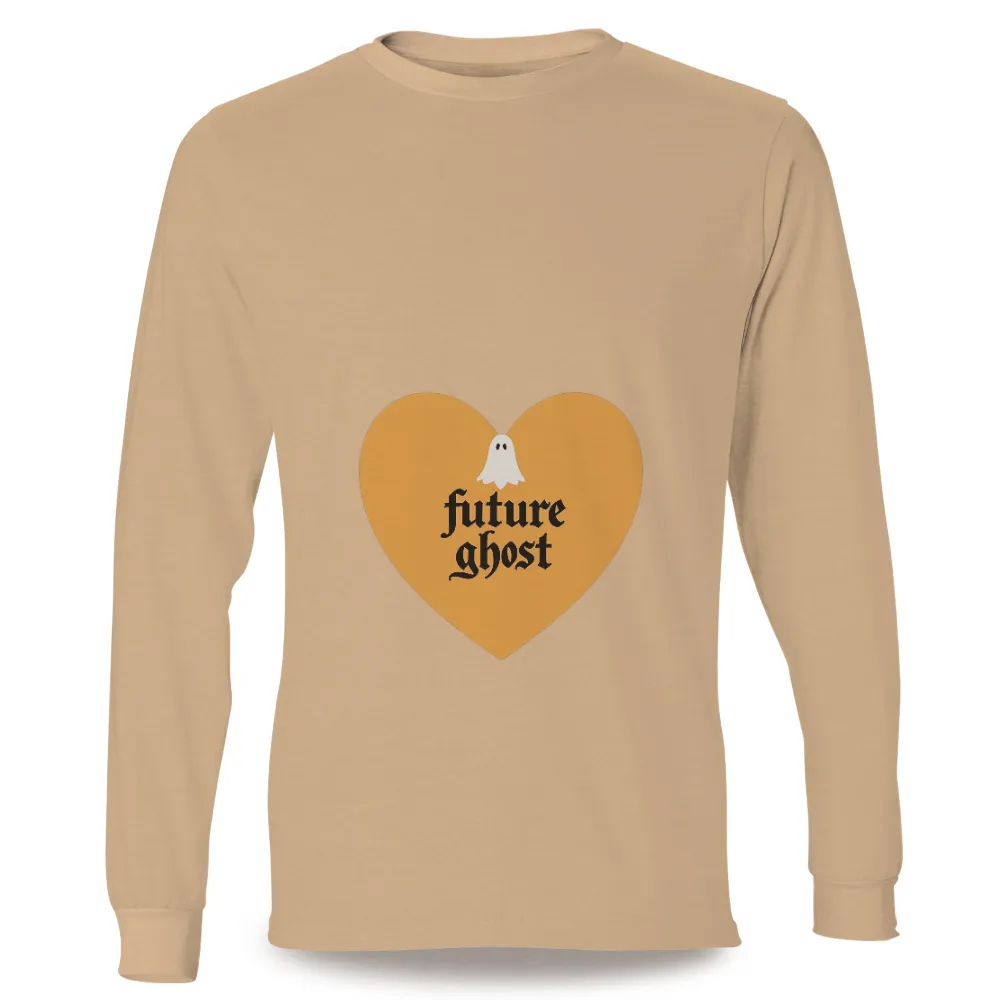 Tee Shirts Printed: Future Ghost - Whimsical Existential Design|Orange heart background