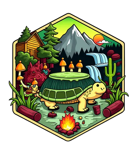 T-Shirts Design: Whimsical Turtle Cabin in the Forest