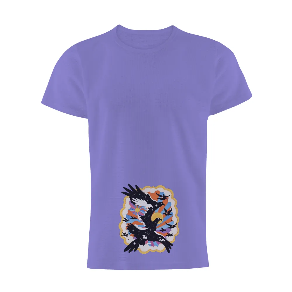 Ravens in Flight: A Journey Through Time and Space | T-Shirt Printing| vibrant sunset background