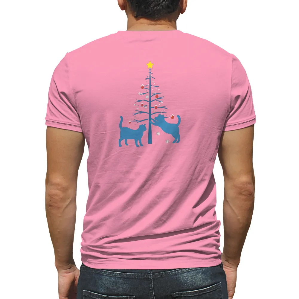 T-Shirts Design: Whimsical Cats Decorating a Festive Christmas Tree|red tape winter t shirts