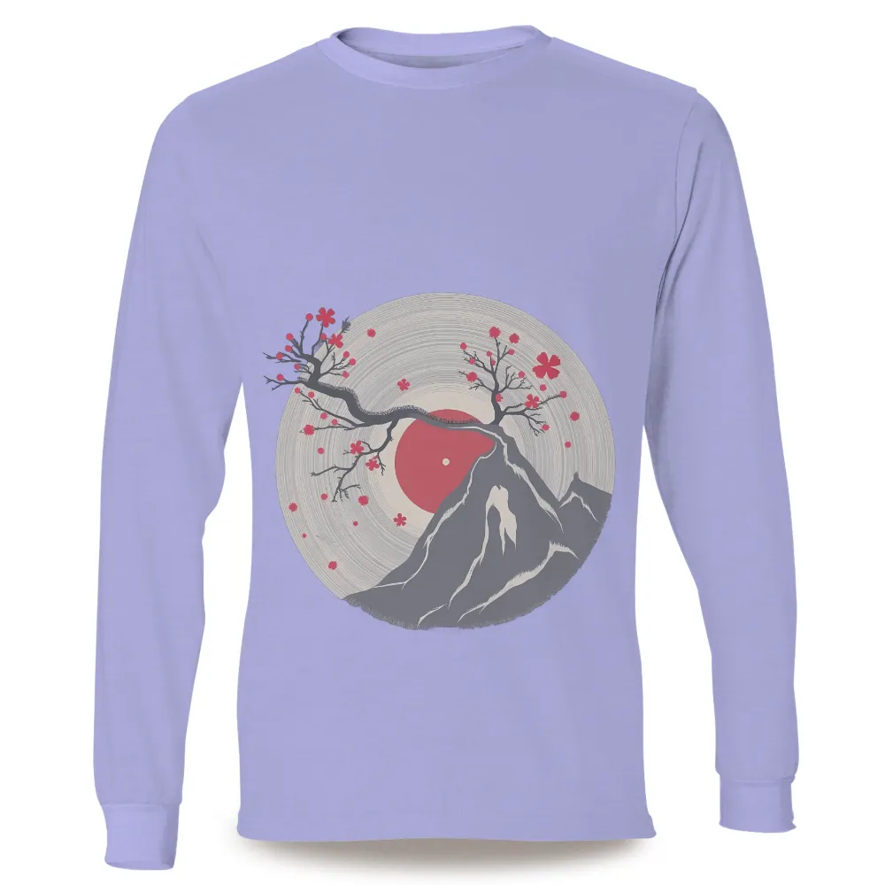 Graphic Tees: Mountain and Cherry Blossom - Artistic Design| large red sun