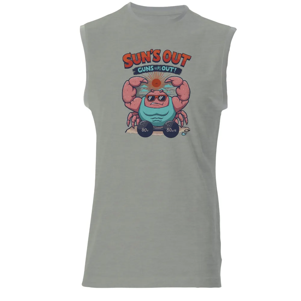 Customized Tee Shirts: Sun's Out, Guns Out! - Beach Fitness Fun|Strong crab lifting weights