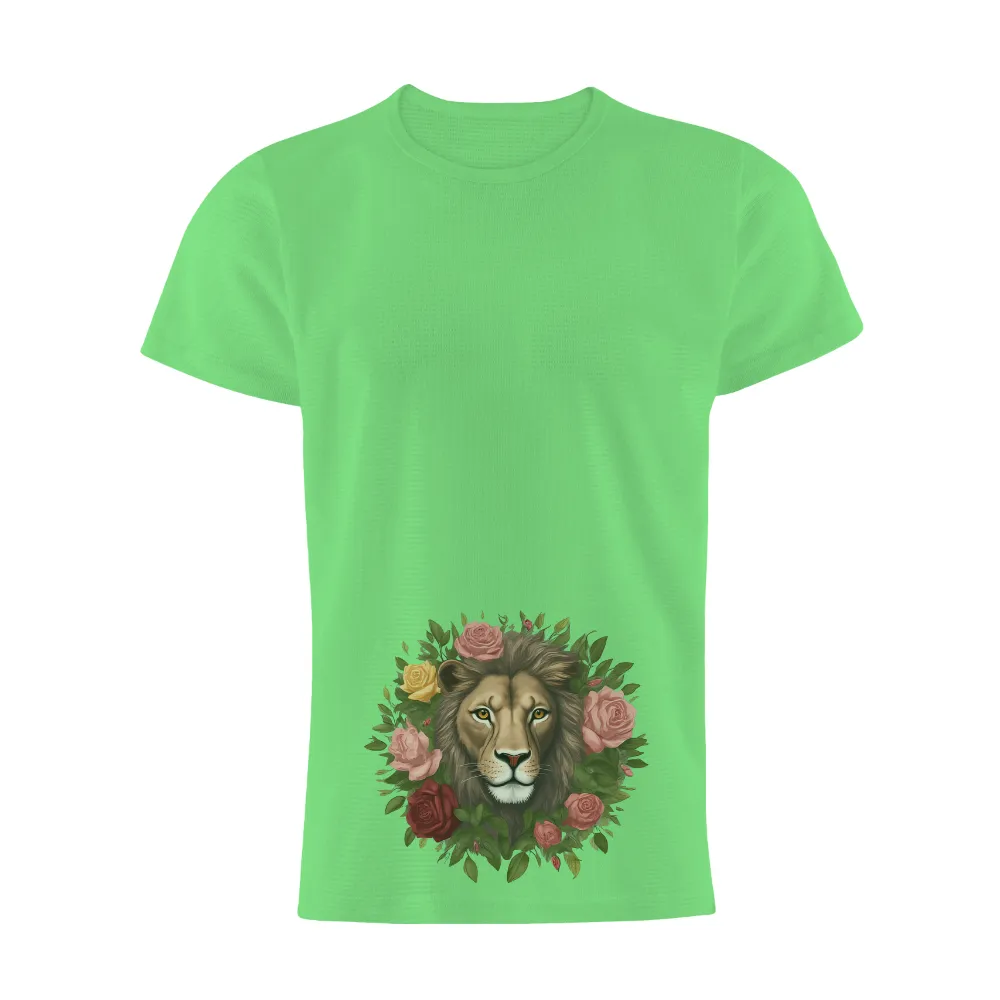 T-Shirts Design: Lion and Roses - A Blend of Strength and Beauty| Bold and elegant T-shirt