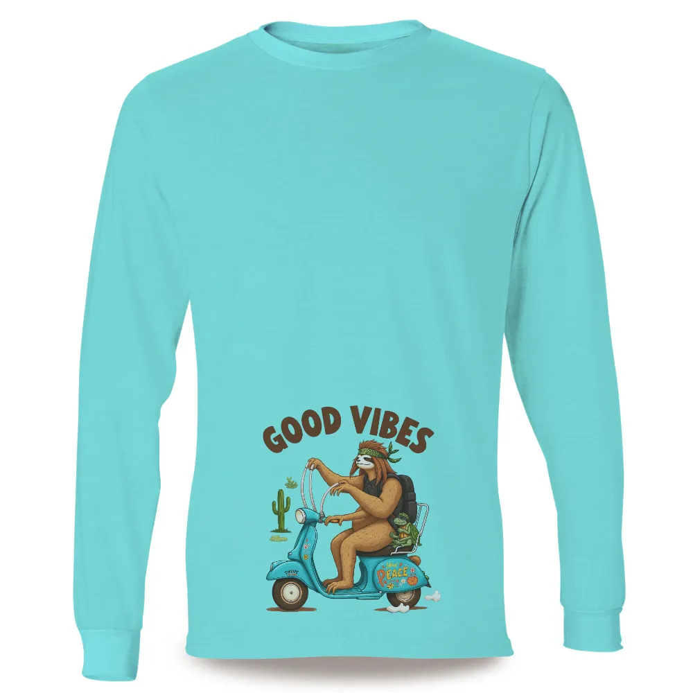 T-Shirts Design: Good Vibes Sloth Adventure|Sloth riding a vintage scooter