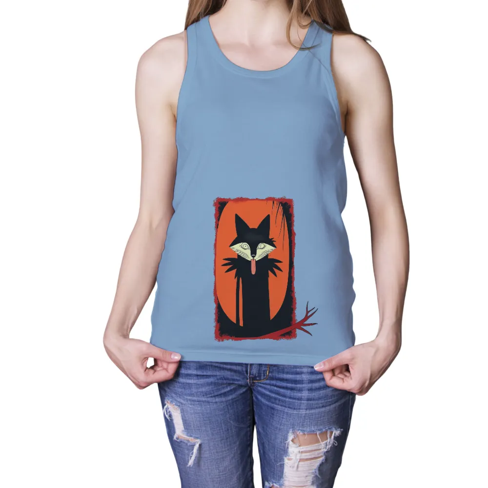 Graphic Tees: Whimsical Black Fox in a Magical Orange Moon| glowing orange moon