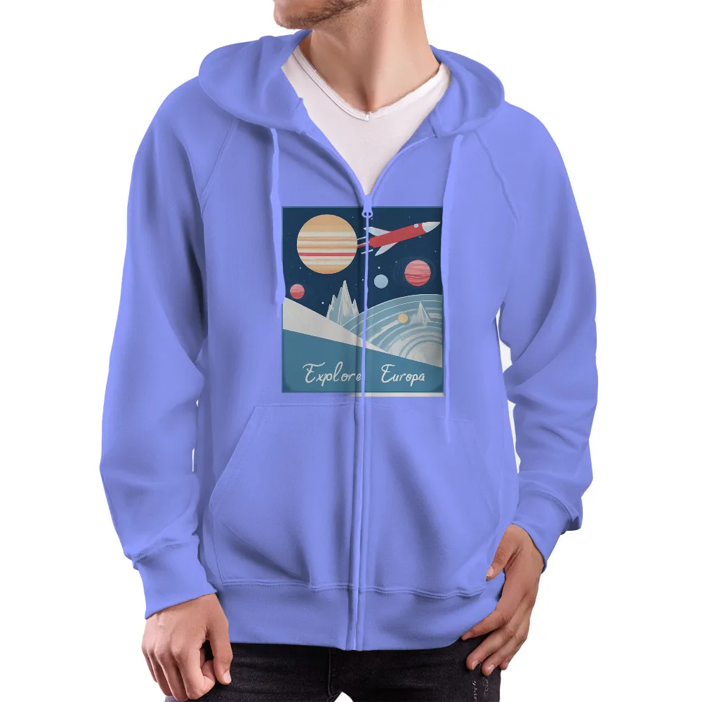 T-Shirts Design: Explore Europa - Vintage Space Adventure|retro summer linen shirt