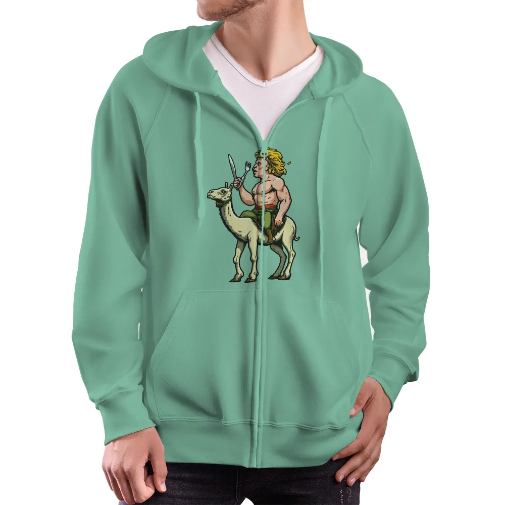 Customized Apparel: Muscular Man on Llama with Knife and Fork - Unique, Humorous Design|earth day t shirt vintage