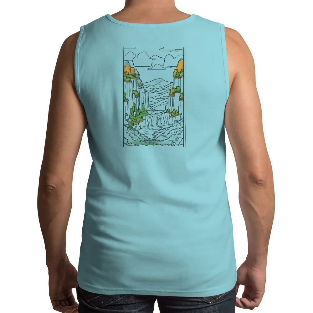 Customized Tee Shirts: Serene Waterfall in a Glowing Forest|endor forest summer camp shirt