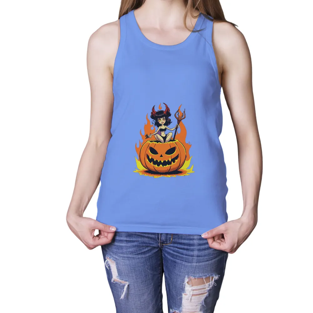 Custom T-Shirt Printing: Halloween Devil Girl with Jack-O-Lantern|Mischievous devil girl with trident