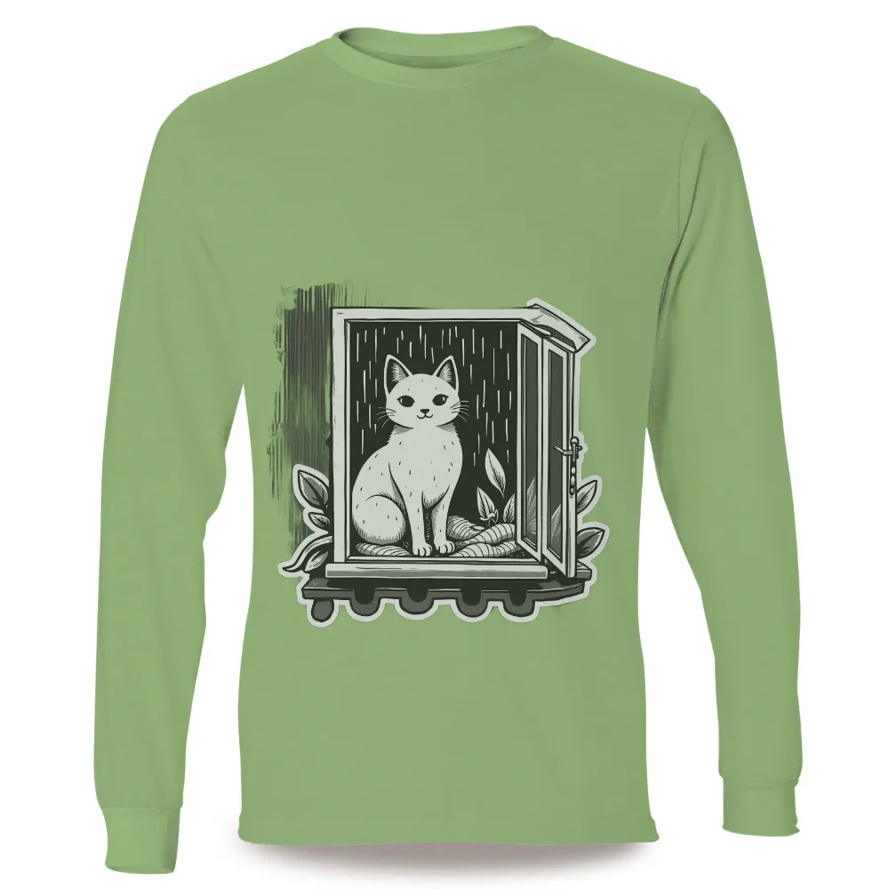 Custom Tee Shirts: White Cat on Windowsill - Serenity in Rain|rain snow t shirt