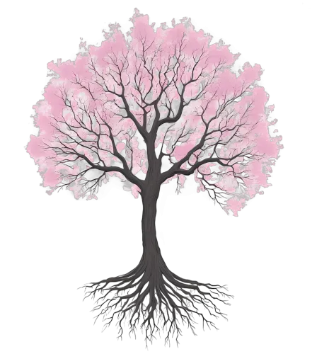 Unique Art Design: Tree with Pink Leaves and Detailed Roots