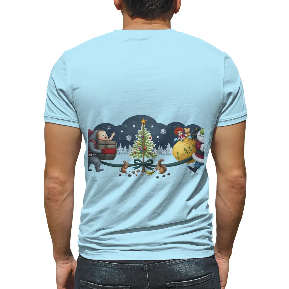 TShirt Design: Whimsical Christmas Scene with Santa and Friends| Snowy forest background