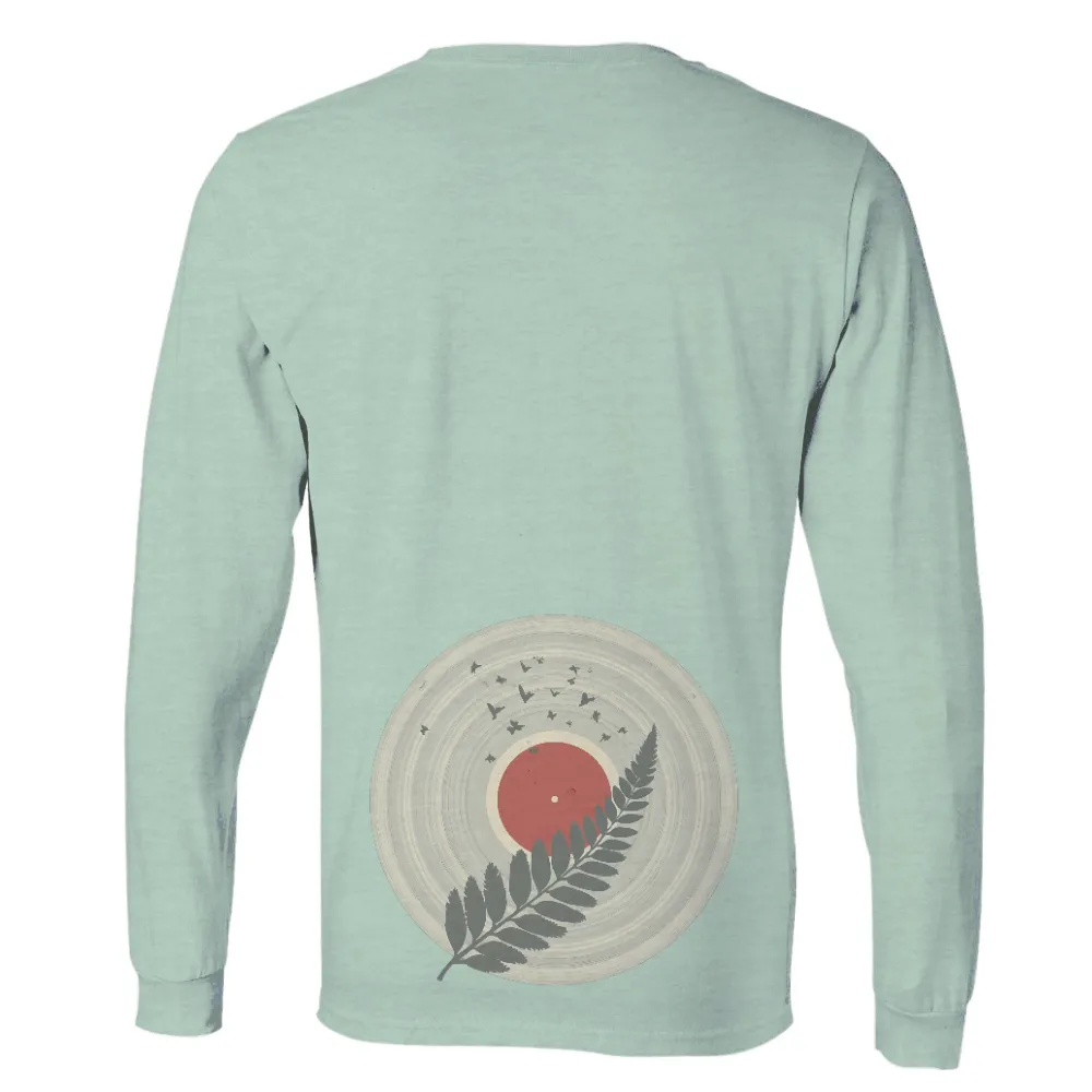 Nature's Harmony: Vintage-Inspired T-Shirts Design with Ferns and Birds|Vibrant red circle