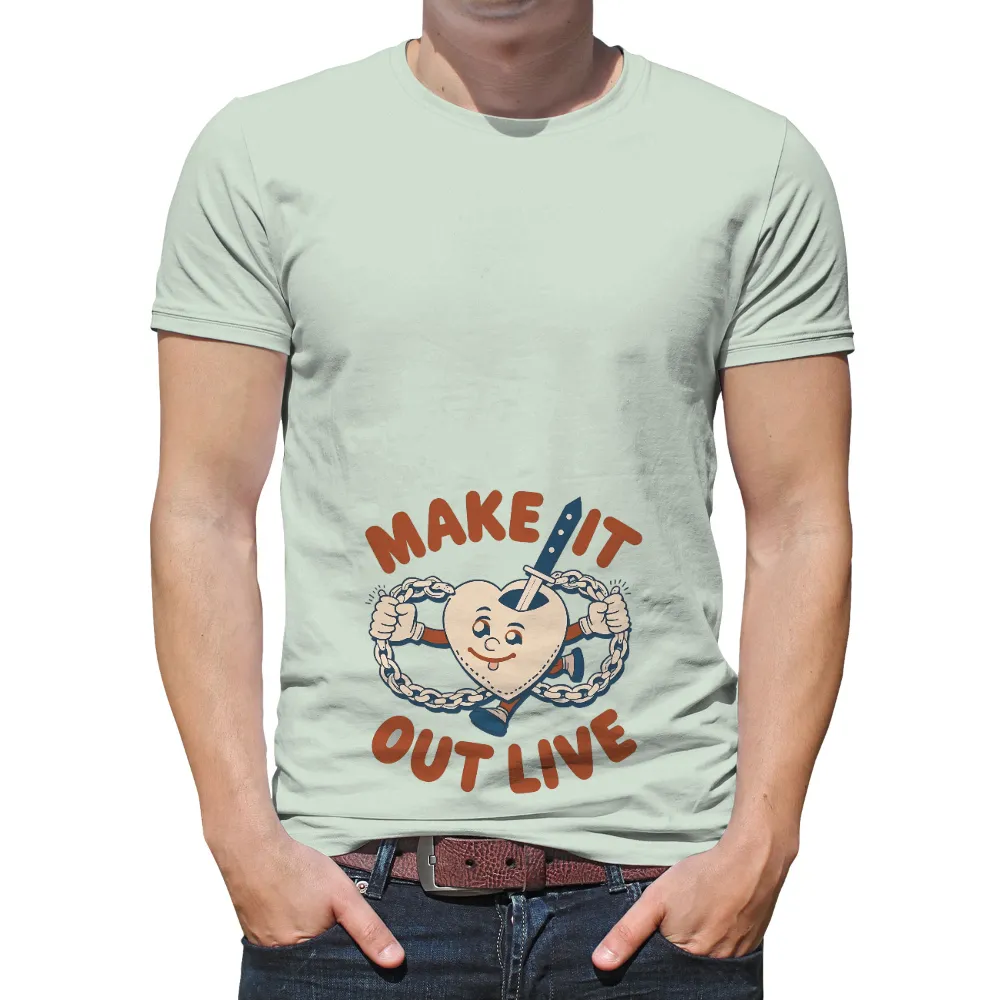 Graphic Tees: Make It Out Live - Resilience and Humor|Heart character holding chains and sword