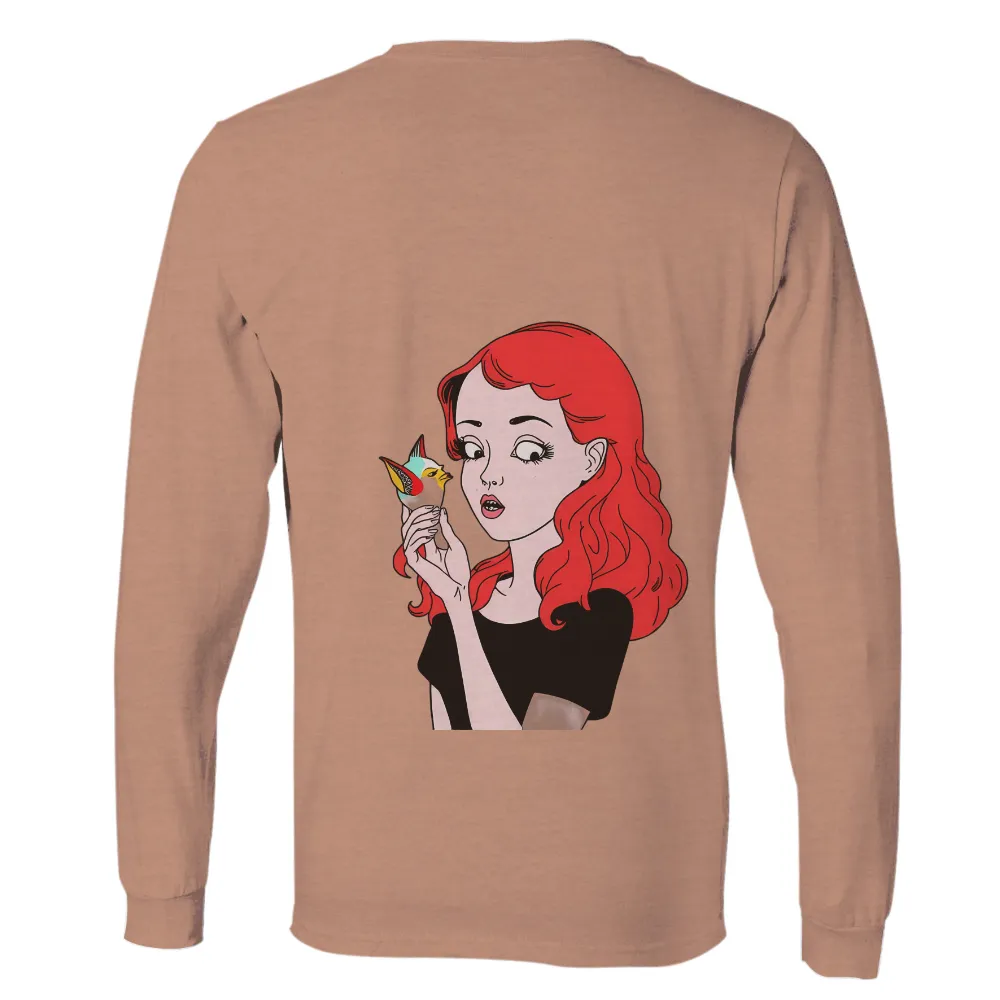 TShirt Design: Red Hair Woman with Bird - Nature's Harmony| Nature's harmony