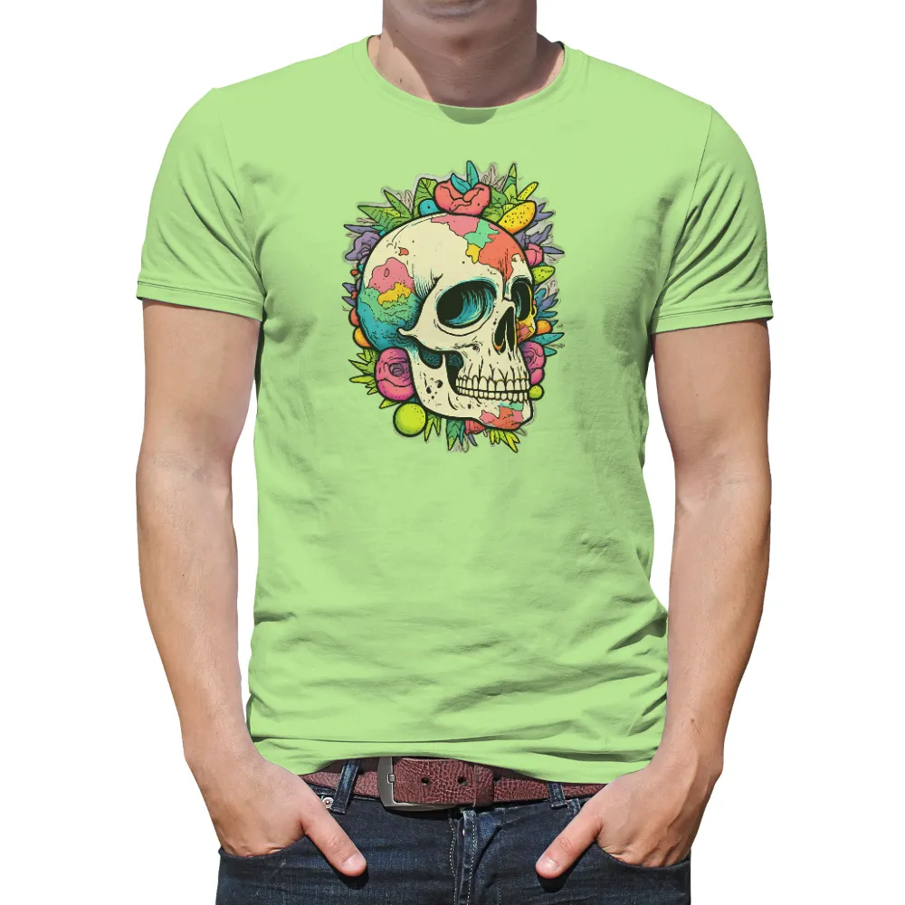 T-Shirts Custom: Vibrant Skull & Flowers - Celebrate Life and Death|hot topic black and white plaid studded skull