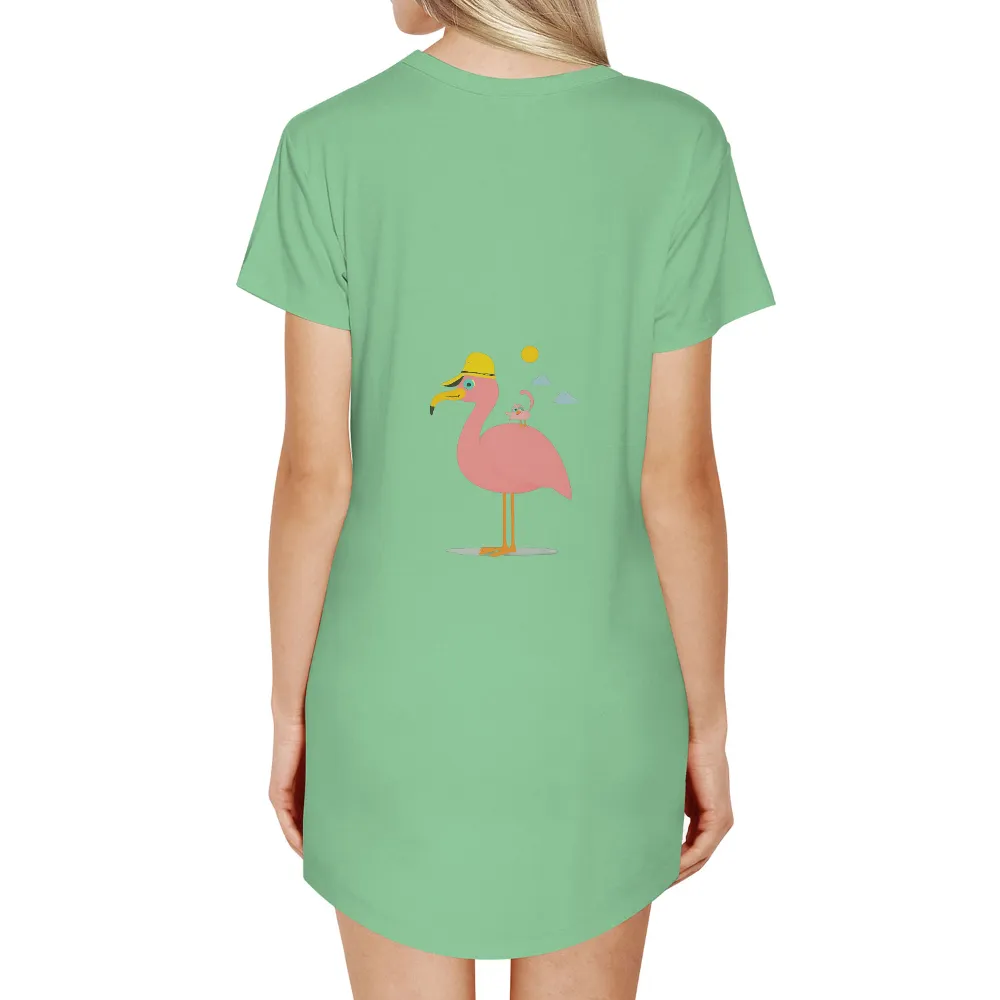 Customized Tee Shirts: Whimsical Friendship with Flamingo Fred and Tweet|Flamingo Fred with a yellow hat