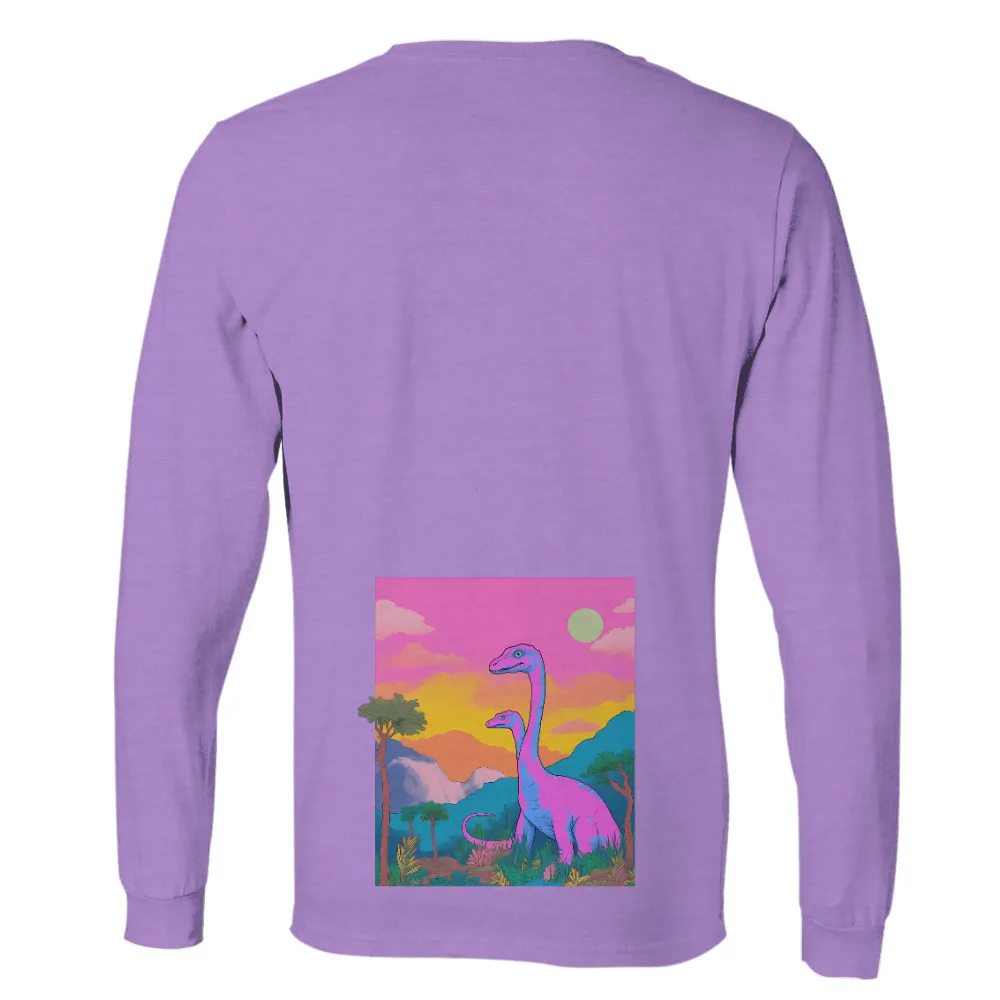 Customized Tee Shirts: Majestic Dinosaurs in a Dreamy Landscape| Pink and blue dinosaurs