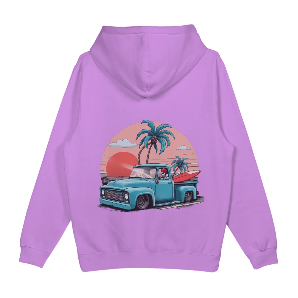 Custom Tee Shirts: Summer Adventure Skeleton Driving Pickup Truck| Red bandana and sunglasses