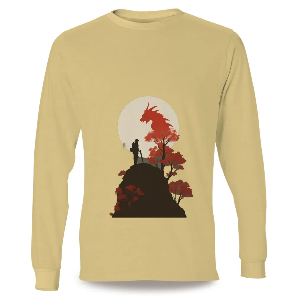 Shirts Graphic Tees: Dragon and Warrior Under the Moon| Night scene