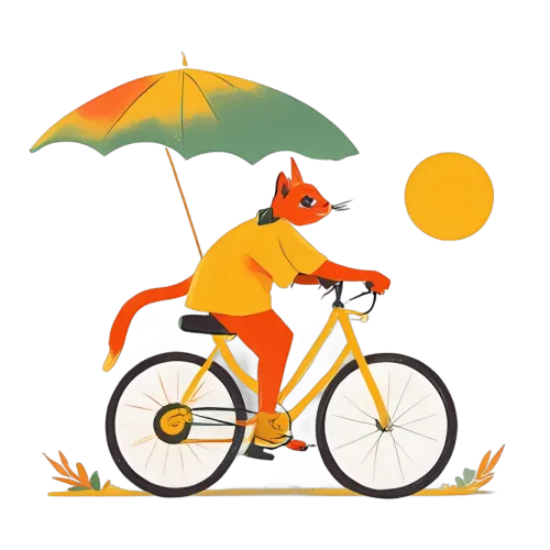 Whimsical Cat on Bicycle with Umbrella Art Design