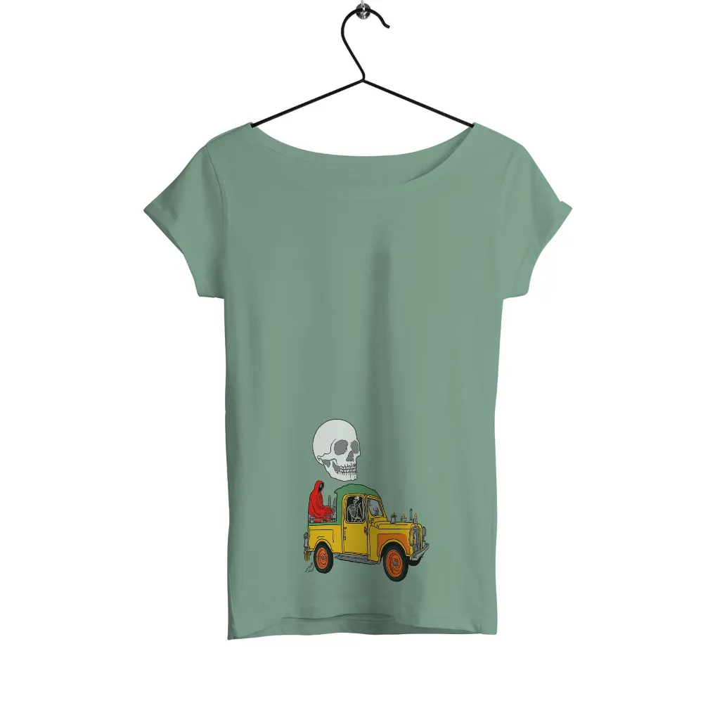 T-Shirts Pattern: Vintage Truck with Skeleton Driver and Red Cloaked Passenger|life is good beer hug shirt