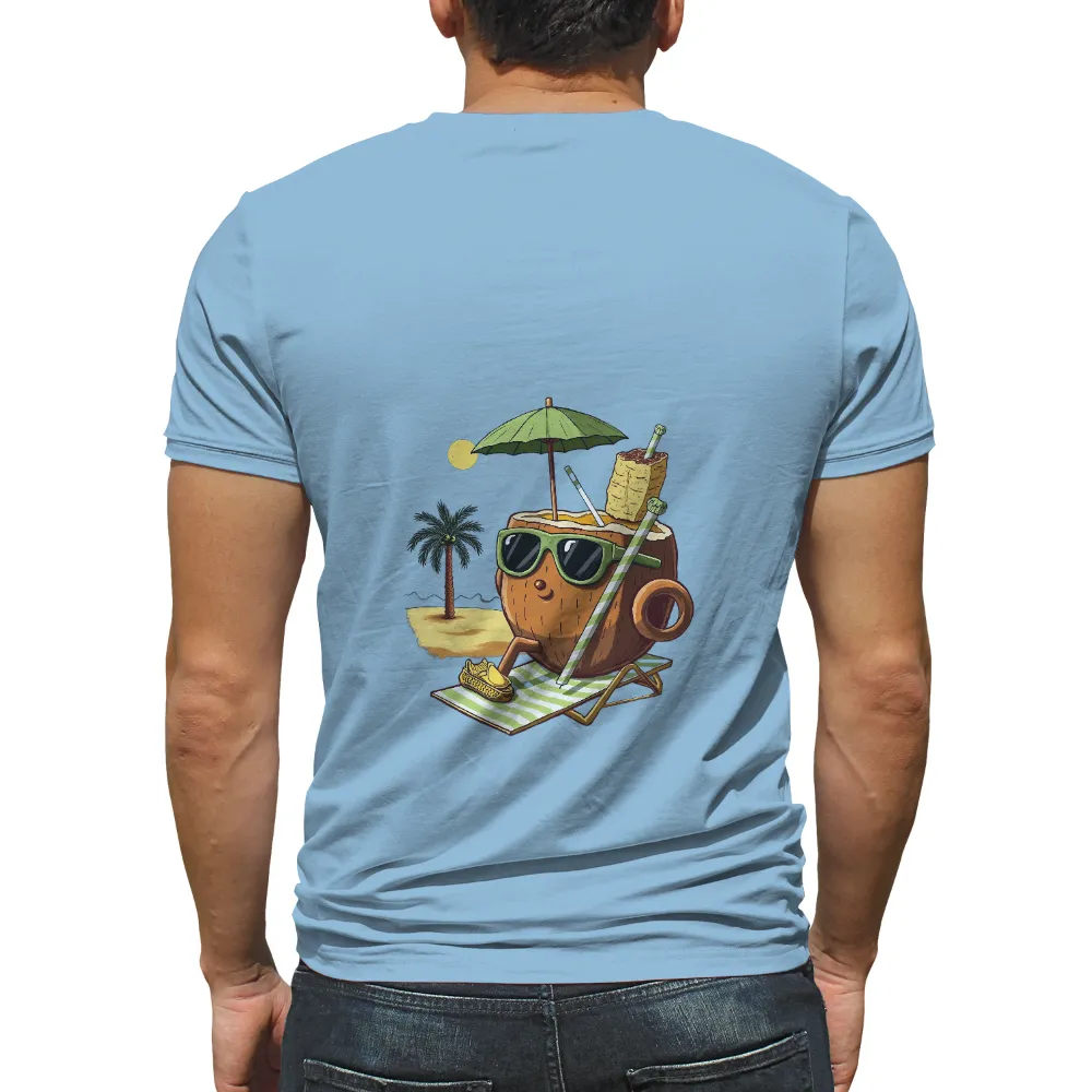 T-Shirts Design: Relaxing Coconut Beach Character| Straw in coconut