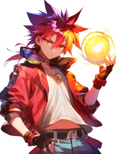 Red and purple-haired anime character with a yellow glowing orb - anime half pant