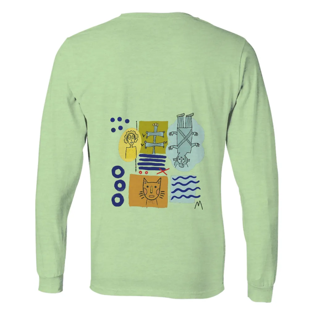 Tee Shirts Printed: Surreal Whimsy and Emotion| Upside-down figure bound in blue cloth