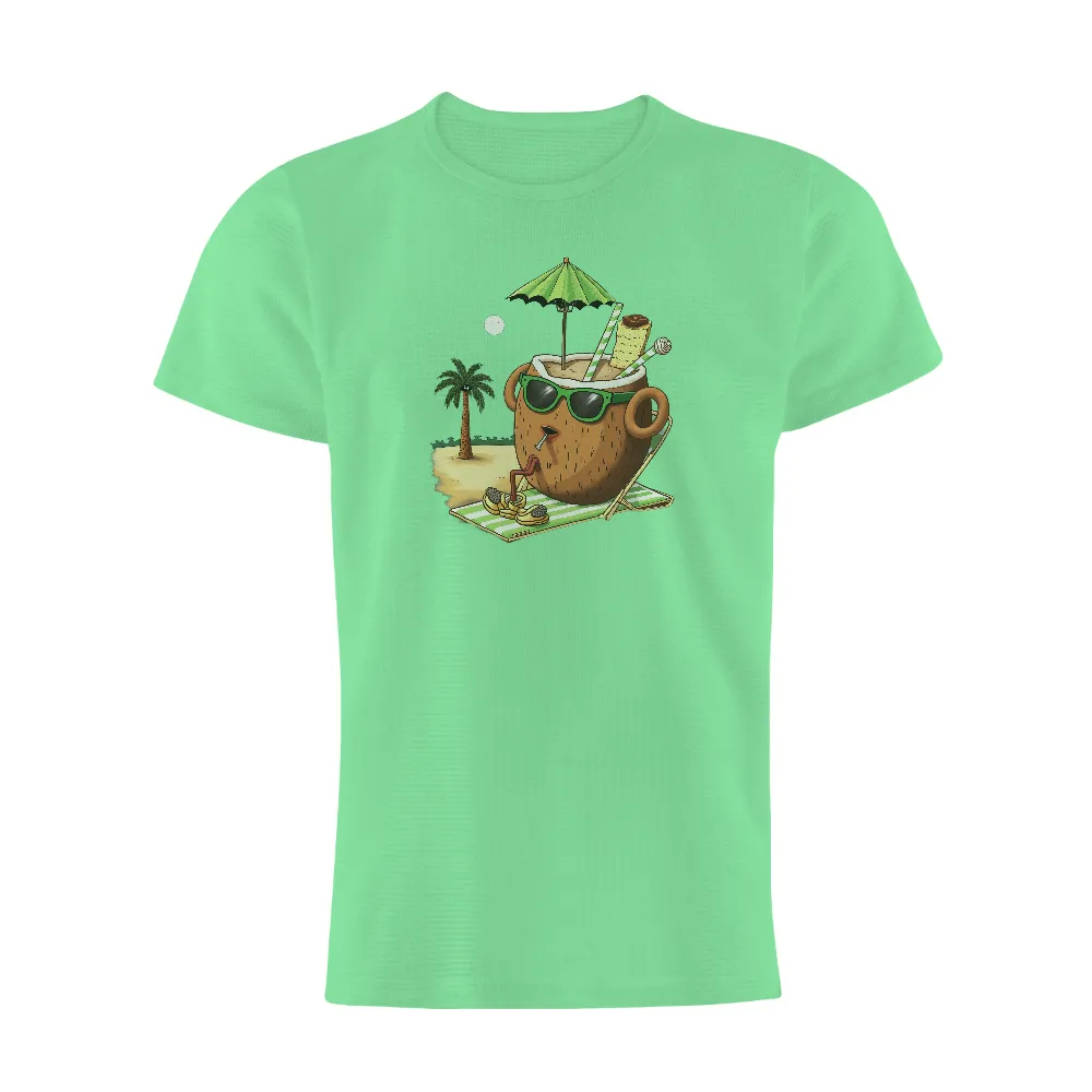 TShirt Design: Coconut Beach Chill | Funny & Tropical Vibes|Coconut character lounging on a beach chair