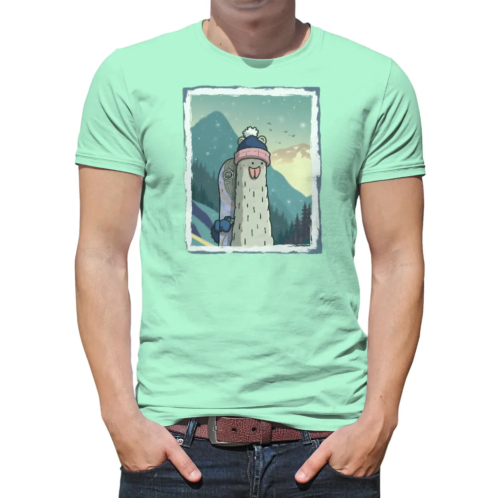 Customized Tee Shirts: Joyful Snowman Snowboarding Adventure| twilight mountain landscape