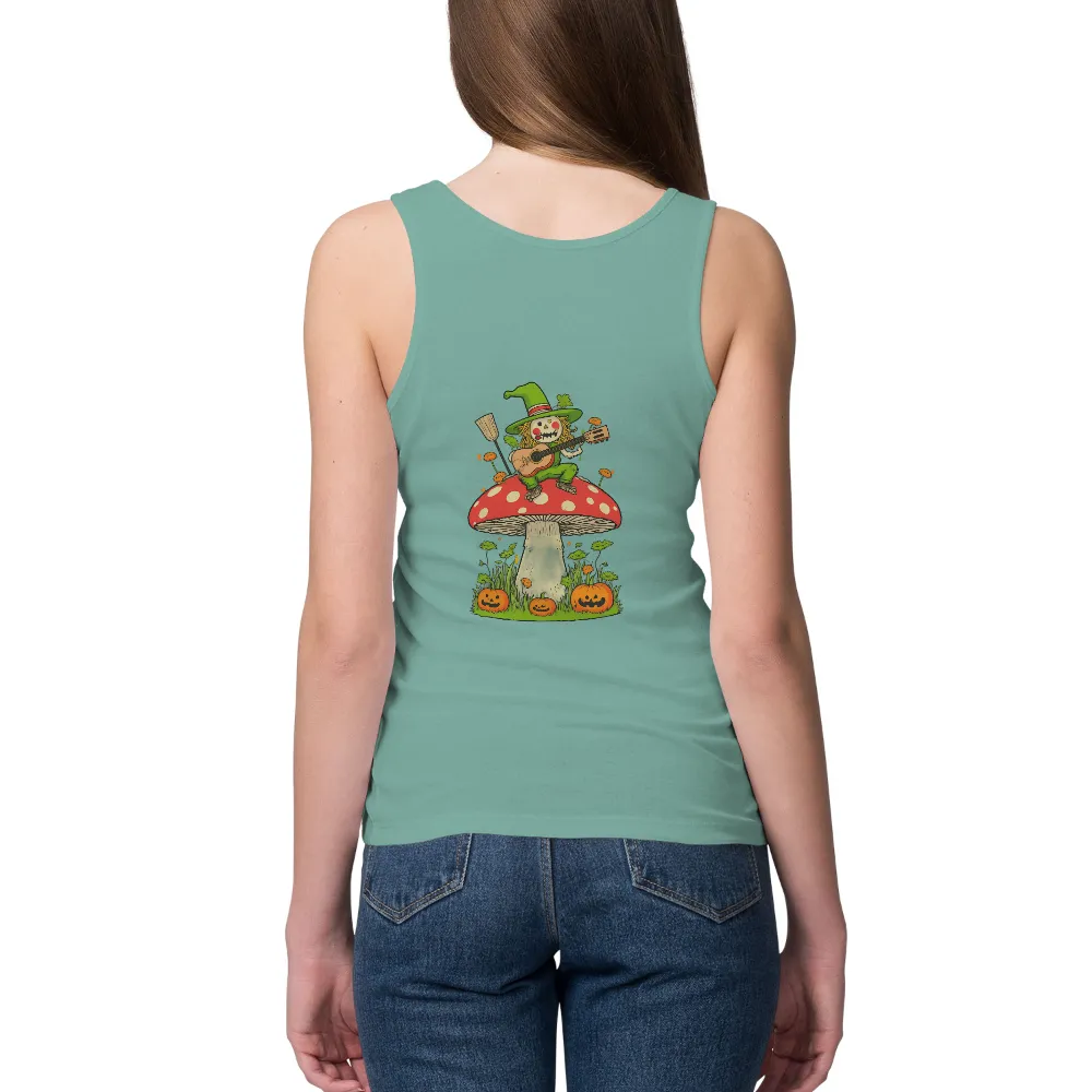 T-Shirts Pattern: Whimsical Scarecrow Playing Guitar on Mushroom|garden of delete shirt