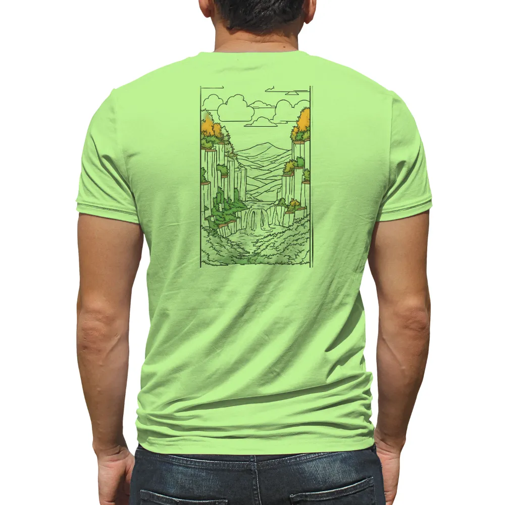 Customized Tee Shirts: Serene Waterfall in a Glowing Forest|reign forest fronds camp shirt