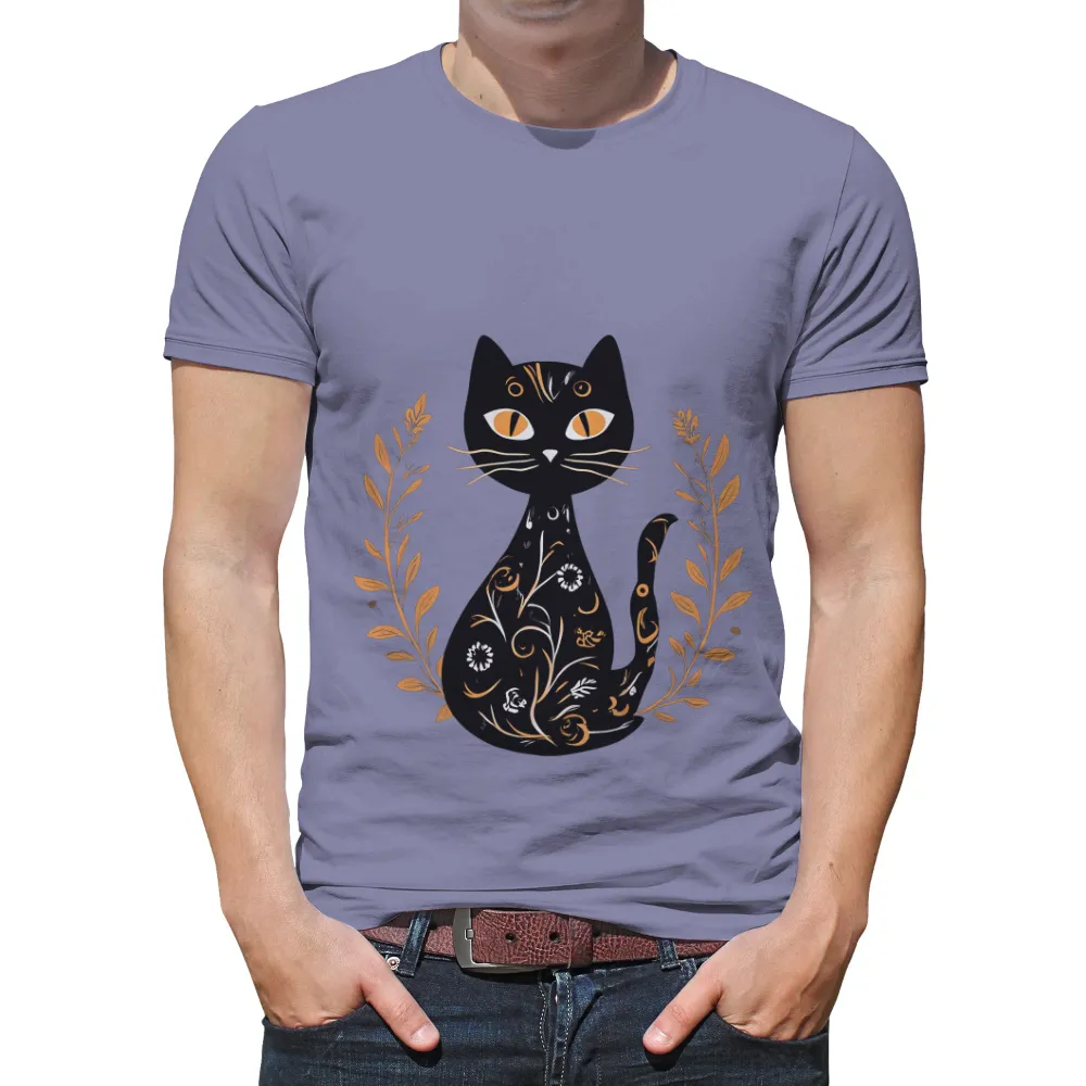 TShirt Design: Enchanting Black Cat with Floral Patterns|diy wonder woman t shirt