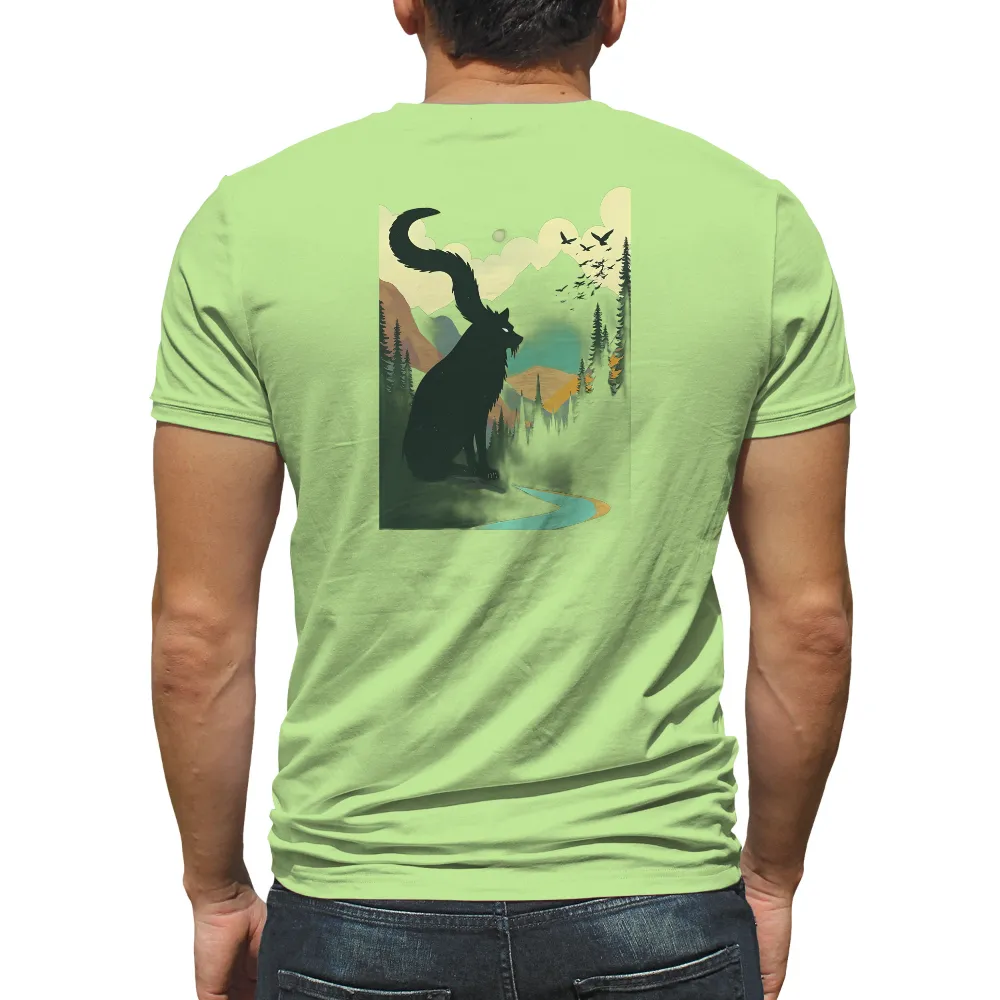 Tee Shirts Printed: Black Cat in the Moonlit Forest| river flowing