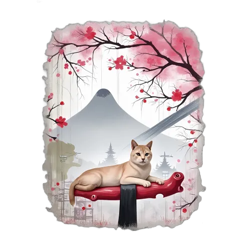 Tee Shirts Printed: Serene Cat on Katana | Japanese Culture Tees