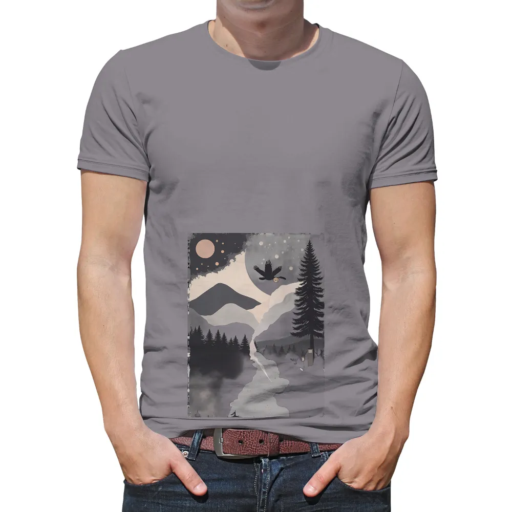 Shirts Graphic Tees: Owl Flight Over Moonlit Mountains| Dense forest at night