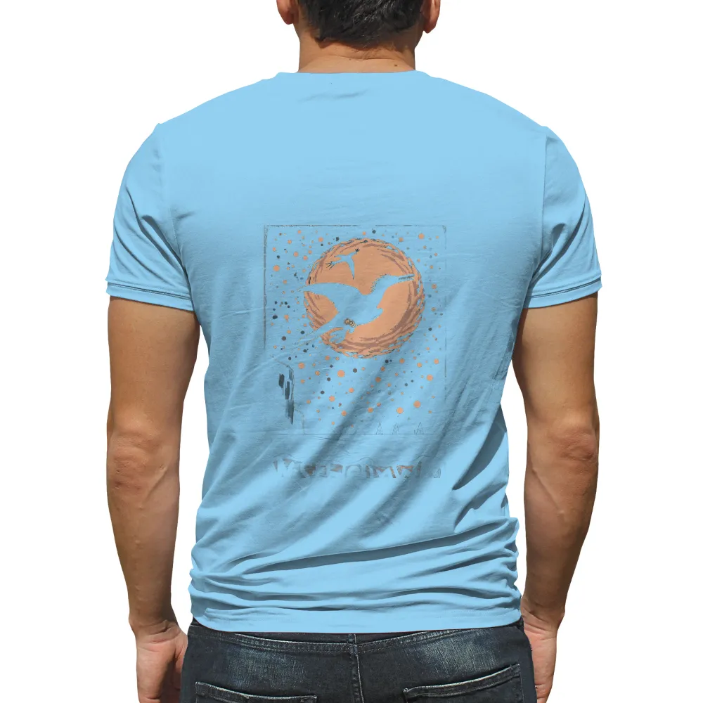 Custom Tee Shirts: Whimsical Bird Soaring Under the Full Moon| Vintage style T-shirt design