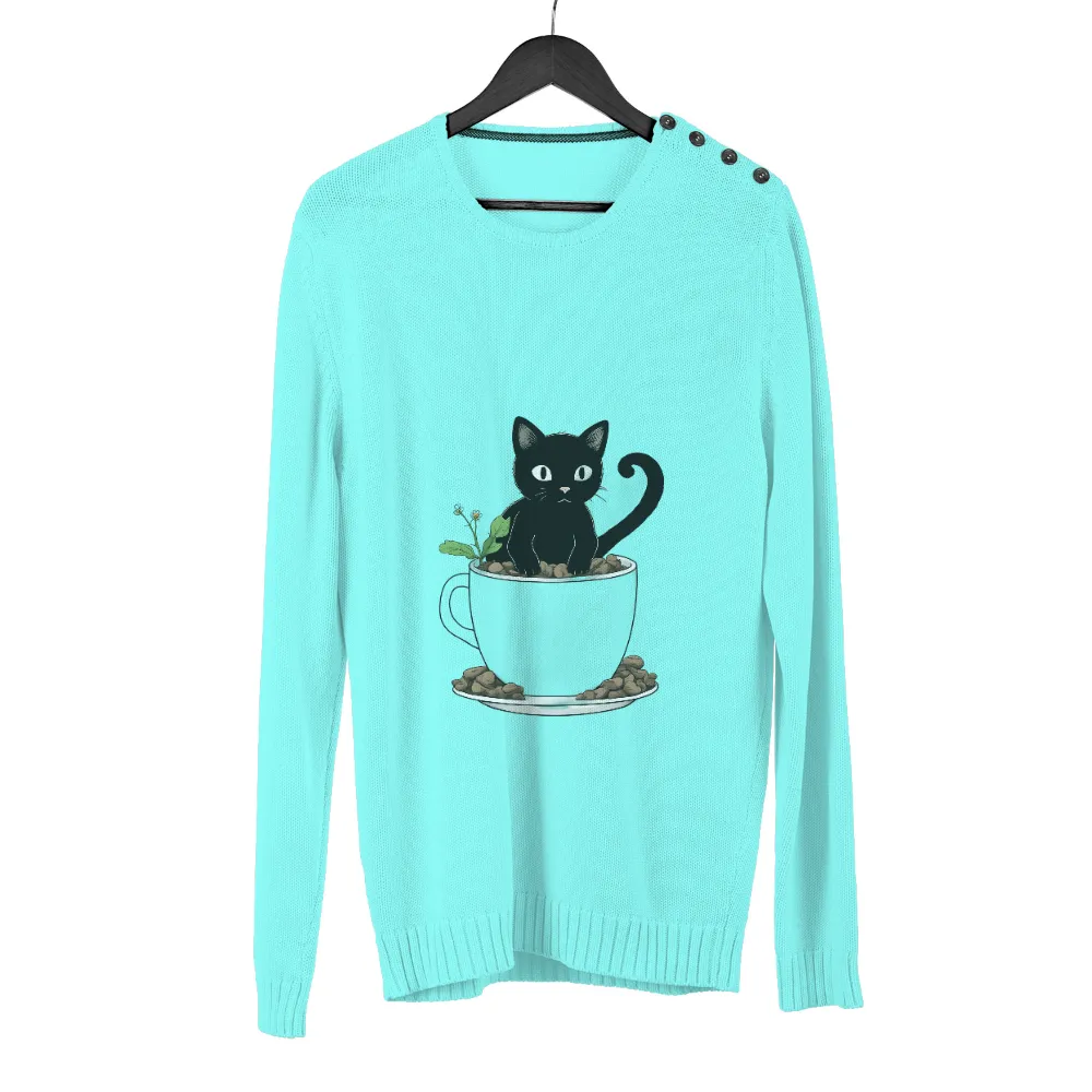 TShirt Printing: Whimsical Black Cat in a Coffee Cup - Artistic Designs|saturday morning pancakes free shirt