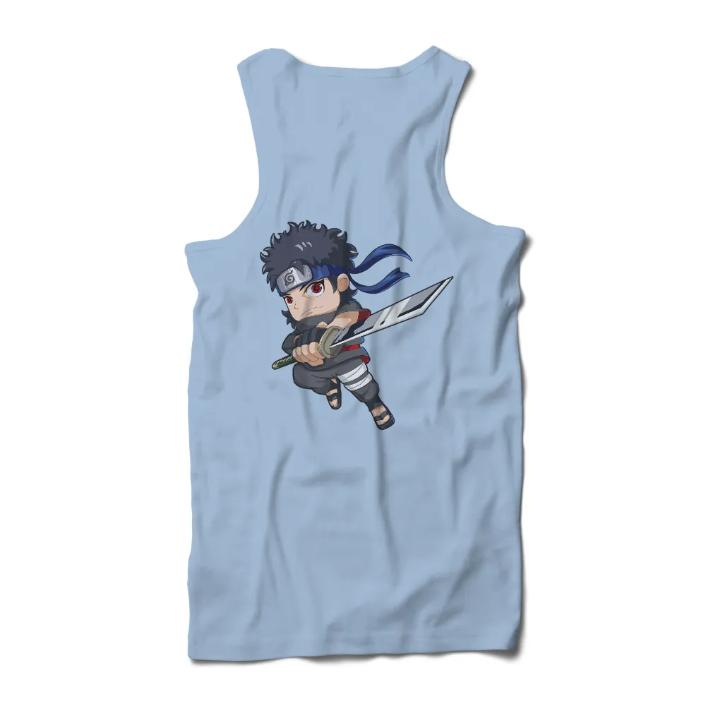 Shirts Graphic Tees: Chibi Sasuke Uchiha with Vibrant Colors and Dynamic Pose|naruto with no shirt