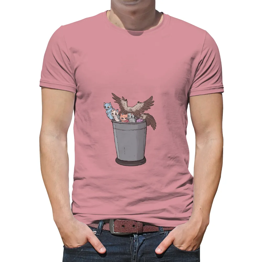 TShirt Printing: Whimsical Friendship | Owl & Kittens in a Trash Can| unexpected friendship