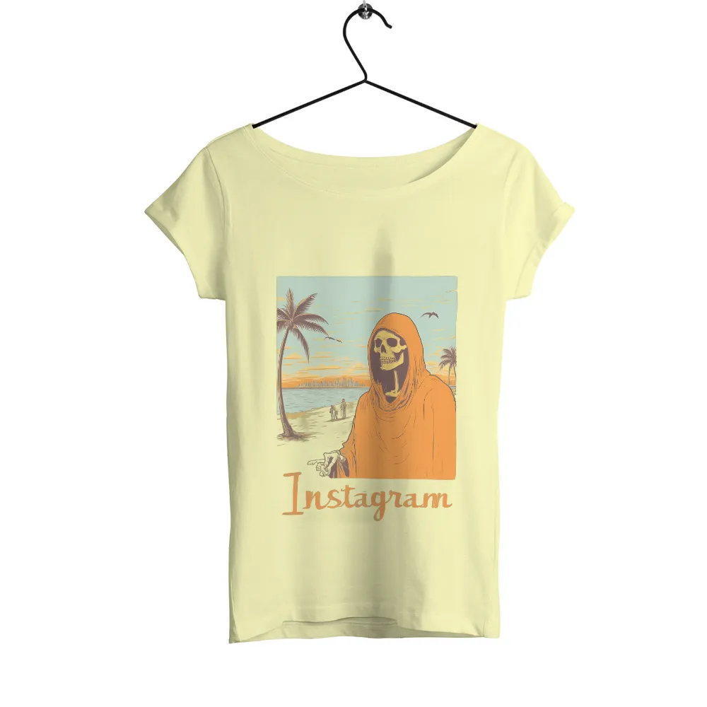 Surreal Beach Scene Graphic with Skeletal Figure: A Unique Fusion of Vintage and Cyberpunk|r&b vintage t shirt