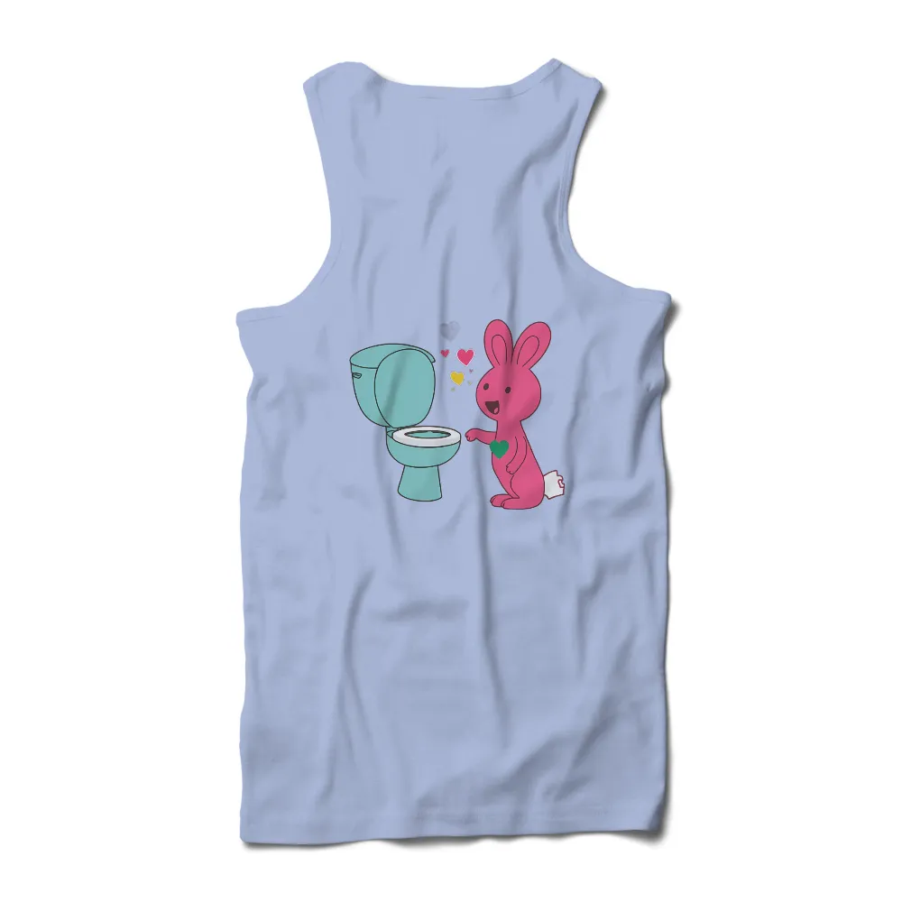 Custom Tee Shirts: Whimsical Pink Bunny with Green Heart and Blue Toilet| heartwarming design