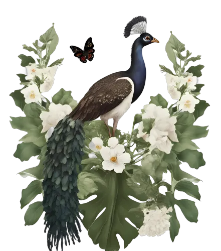 T-Shirt Printing: Majestic Peacock Amidst White Flowers and Green Leaves